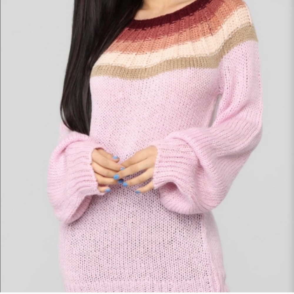 O&O Color Block Neckline Balloon‎ Sleeve Boat Neck Pink Knit Pullover Sweater M